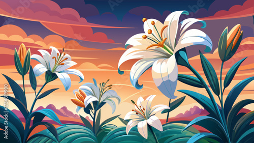very beautiful Elegant Lilies Blooming Against a Vibrant Sunset Sky with Soft Pastel Colors and Serenity