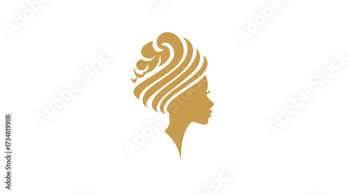 Elegant Golden Stylized Woman Profile with Ornate Headwrap Hairstyle. Beautiful Silhouette Icon, Ethnic Beauty Design Element on White.