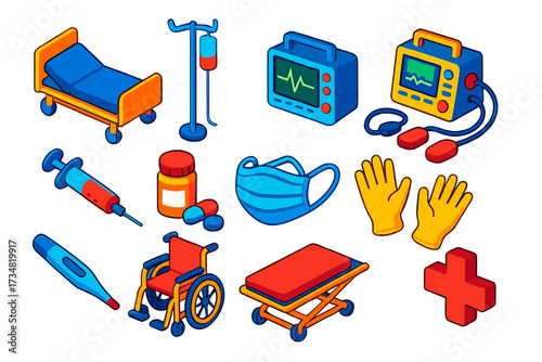 Hospital Equipment Icons. Isometric vector illustration set Hospital Equipment: patient bed, IV stand, heart monitor,