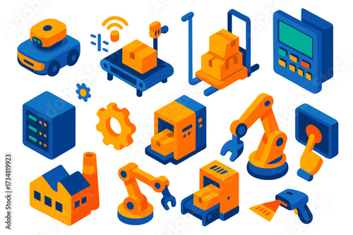 Automated Warehouse System. Isometric vector illustration set Automated Supply Chain: warehouse robot, conveyor belt, pallet