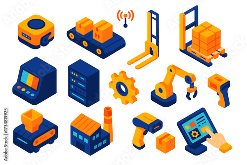 Automated Warehouse System. Isometric vector illustration set Automated Supply Chain: warehouse robot, conveyor belt, pallet