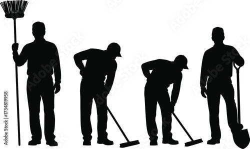 "Black Silhouette Vector of People Cleaning with Broom, Mop, and Dustpan for Sanitation, Labor Roles, and Maintenance Concepts Black Silhouette Vector of People Cleaning with Broom, Mop, and Dustpan 