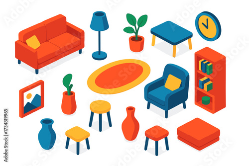 Minimalist Living Space. Isometric vector illustration set Minimalist Living Space: sofa, tripod lamp, small potted plant, coffee