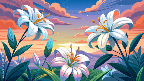 very beautiful Elegant Lilies Blooming Against a Vibrant Sunset Sky with Soft Pastel Colors and Serenity