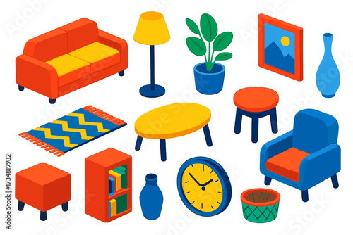 Bold Interior Icons. Isometric vector illustration set Interior Decor Icons: sofa, floor lamp, small potted plant, coffee table,