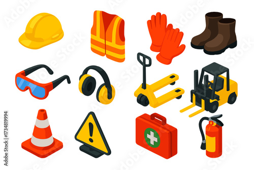 Safety Gear Equipment. Isometric vector illustration set Transportation PPE: helmet, safety vest, gloves, steel-toe boots, goggles
