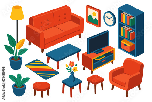 Bright Urban Apartment. Isometric vector illustration set Urban Apartment Interior: sofa, floor lamp, potted plant, coffee table,