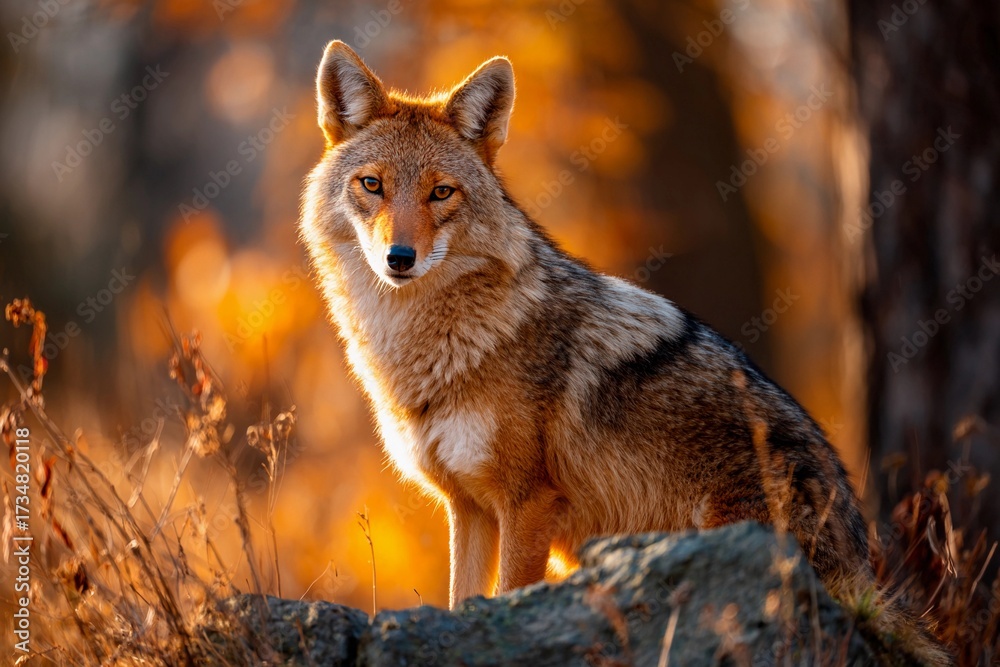 Obraz premium A coyote poses on a rock in a vibrant autumn landscape during sunset. The warm colors of the leaves create a beautiful backdrop, highlighting the animal's features