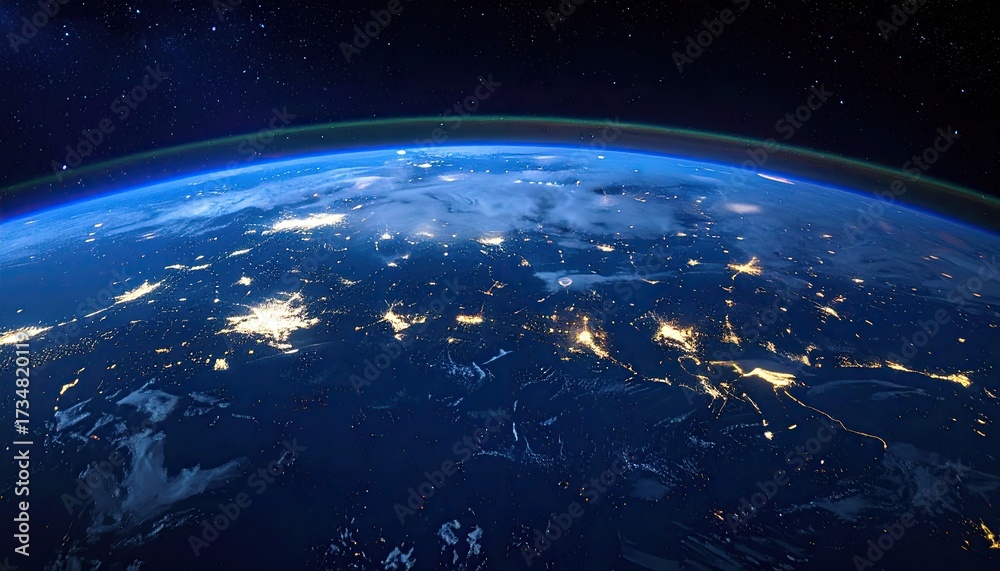 Fototapeta premium Earth View at Night, City Lights Glowing from Orbit, Cosmic Background Space