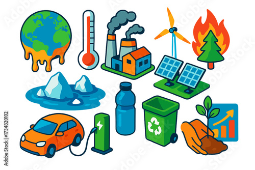 Sustainable Icons Showcase. Isometric vector illustration set Global Warming Awareness: melting earth globe, thermometer, factory