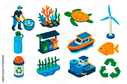 Ocean Pollution Solutions. Isometric vector illustration set Ocean Pollution Awareness: plastic waste removal, coral reef