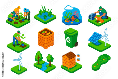 Nature Restoration Icons. Isometric vector illustration set Nature Restoration: reforestation, wetland restoration, coral reef