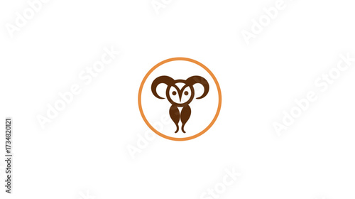Stylized Owl with Ram Horns Graphic Icon, Minimalist Animal Symbol in a Circle for Creative Design and Branding Projects