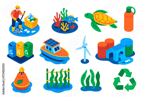 Ocean Pollution Solutions. Isometric vector illustration set Ocean Pollution Awareness: plastic waste removal, coral reef