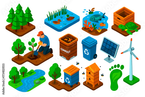 Nature Restoration Icons. Isometric vector illustration set Nature Restoration: reforestation, wetland restoration, coral reef