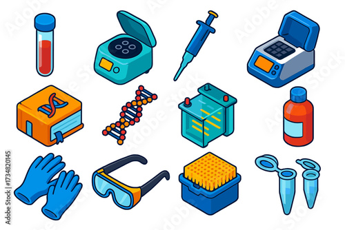 Genetic Lab Equipment Icons. Isometric vector illustration set Genetic Testing Lab: test tube, centrifuge, micropipette, PCR