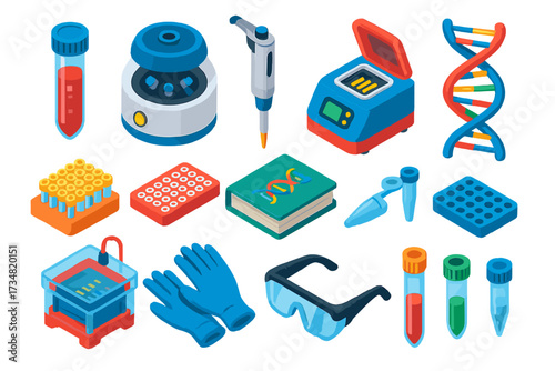 Advanced Genetics Lab Icons. Isometric vector illustration set Advanced Genetics Lab: test tube, centrifuge, micropipette, PCR