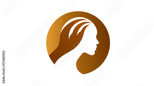 Elegant woman's profile silhouette with hands forming hair in a warm circular frame, symbolizing beauty, hair care, and wellness.