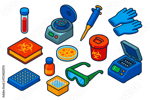 Pathogen Lab Isometrics. Isometric vector illustration set Pathogen Research Lab: test tube, centrifuge, micropipette, PCR machine