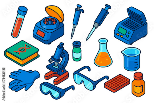 Vibrant Lab Equipment Icons. Isometric vector illustration set Life Sciences Laboratory: test tube, centrifuge, micropipette, PCR