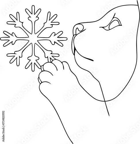 Line drawing a cat's face looking at a snowflake Continous line drawing feline animal
