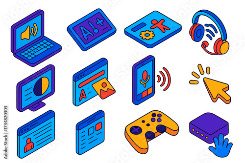 Digital Accessibility Icons. Isometric vector illustration set Digital accessibility: screen reader software, keyboard navigation