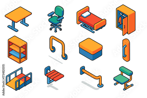 Adaptive Furniture Icons. Isometric vector illustration set Adaptive furniture: height-adjustable table, roll-under desk, swivel