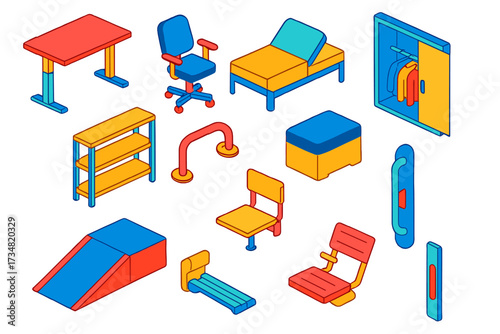 Adaptive Furniture Icons. Isometric vector illustration set Adaptive furniture: height-adjustable table, roll-under desk, swivel