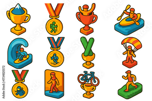 Adventure Awards Icons. Isometric vector illustration set Adventure awards: mountain climbing trophy, hiking medal, extreme sports