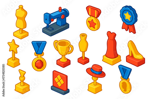 Fashion Award Icons. Isometric vector illustration set Fashion awards: mannequin trophy, sewing machine plaque, fashion show medal