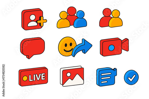 Social Media Icon Set. Isometric vector illustration set Social UI: friend request icon, followers icon, group icon, comment