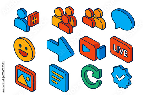 Social Media Icon Set. Isometric vector illustration set Social UI: friend request icon, followers icon, group icon, comment