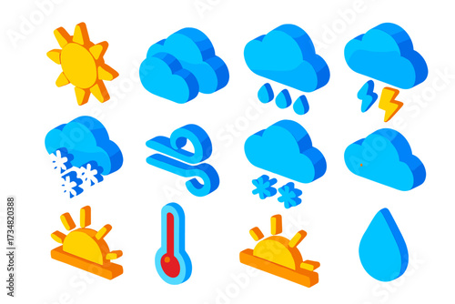 Colorful Weather Icons. Isometric vector illustration set Weather UI: sunny icon, partly cloudy icon, cloudy icon, rain icon,