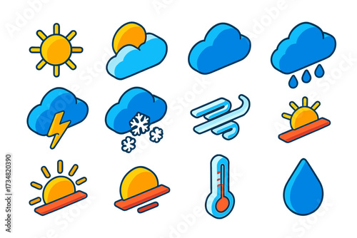 Colorful Weather Icons. Isometric vector illustration set Weather UI: sunny icon, partly cloudy icon, cloudy icon, rain icon,