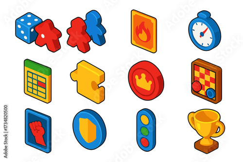 Competitive Game Icons. Isometric vector illustration set Competitive games: opposing dice, rival meeples, attack card, countdown