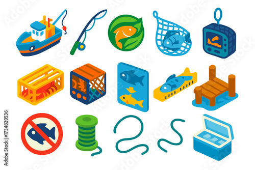Sustainable Fishing Icons. Isometric vector illustration set Sustainable fishing: fishing boat, fishing rod, sustainable seafood