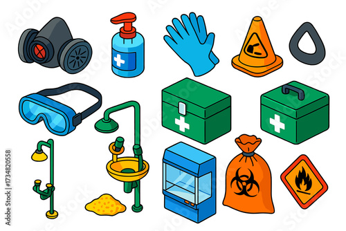 Laboratory Safety Equipment. Isometric vector illustration set Laboratory protection: chemical respirator mask, lab sanitizer pump