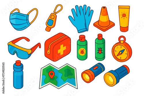 Travel Safety Essentials. Isometric vector illustration set Travel safety essentials: foldable face mask, mini sanitizer keychain,