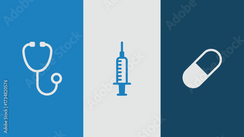 Medical icon set with stethoscope syringe and pill simple flat vector design for healthcare and pharmaceutical concepts isolated on white background