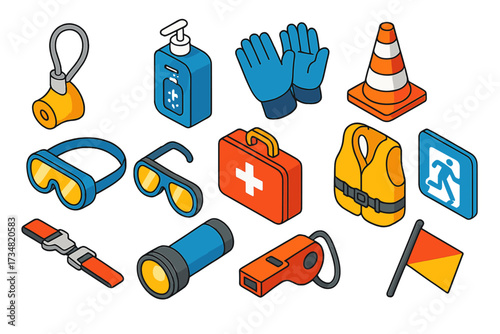 Aviation Safety Essentials. Isometric vector illustration set Aviation safety: oxygen mask, aircraft sanitizer station, pilot