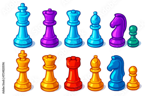 Modern Chess Pieces Icons. Isometric vector illustration set Chess pieces modern: glass king, glass queen, glass rook, glass