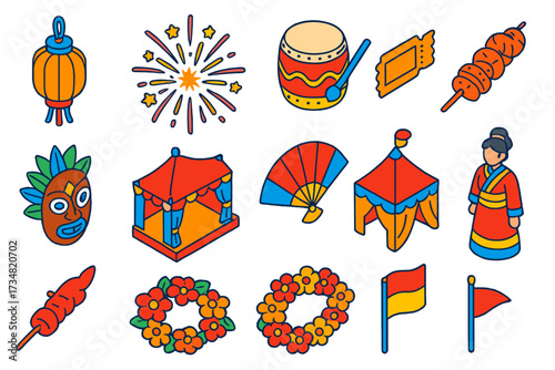 Vibrant Festival Icons. Isometric vector illustration set Cultural festival: ornate lantern, grand firework, ceremonial drum,