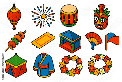 Vibrant Festival Icons. Isometric vector illustration set Cultural festival: ornate lantern, grand firework, ceremonial drum,
