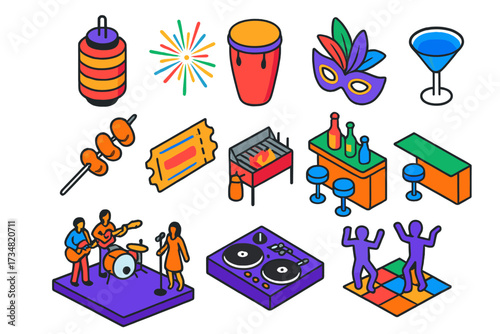 Festival Vibes Icons. Isometric vector illustration set Street food and music festival: hanging lantern, colorful firework, floor