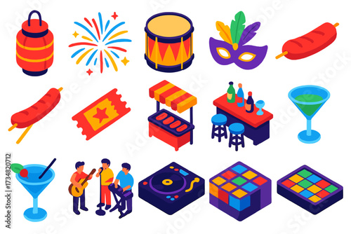 Festival Vibes Icons. Isometric vector illustration set Street food and music festival: hanging lantern, colorful firework, floor