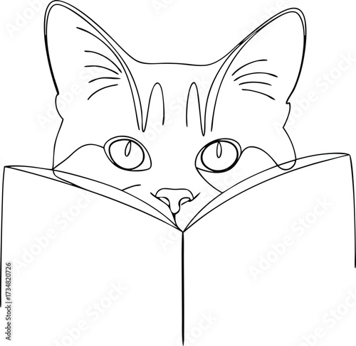 Minimalist Continous line drawing line art a cat peeking over an open book reading