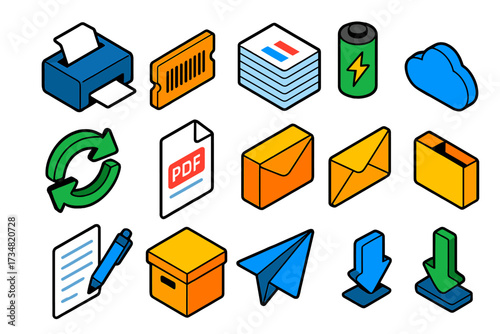 Document Workflow Essentials. Isometric vector illustration set Document workflow: compact printer, barcode ticket, report stack,