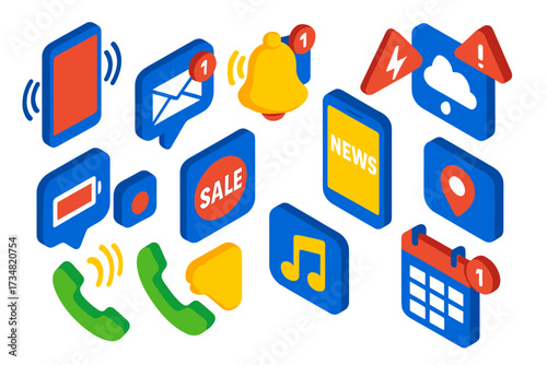 Vibrant Notification Icons. Isometric vector illustration set Mobile push alerts: vibrating phone, ringing bell icon, direct
