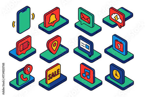 Vibrant Notification Icons. Isometric vector illustration set Mobile push alerts: vibrating phone, ringing bell icon, direct