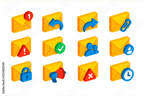 Email Notification Icons. Isometric vector illustration set Email notifications: unread mail icon, reply received, forward sent,